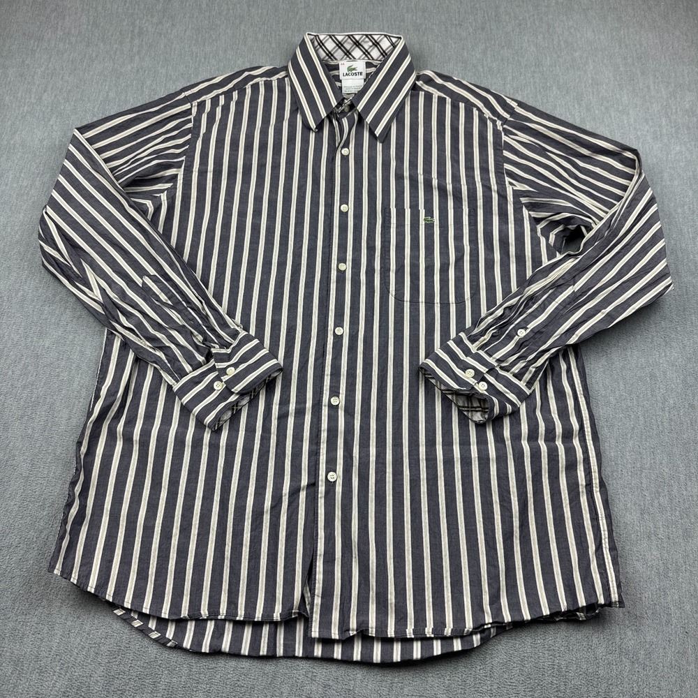 Vintage Lacoste Shirt Men XL 44 Black White Striped Button Up‎ Long Sleeve Croc